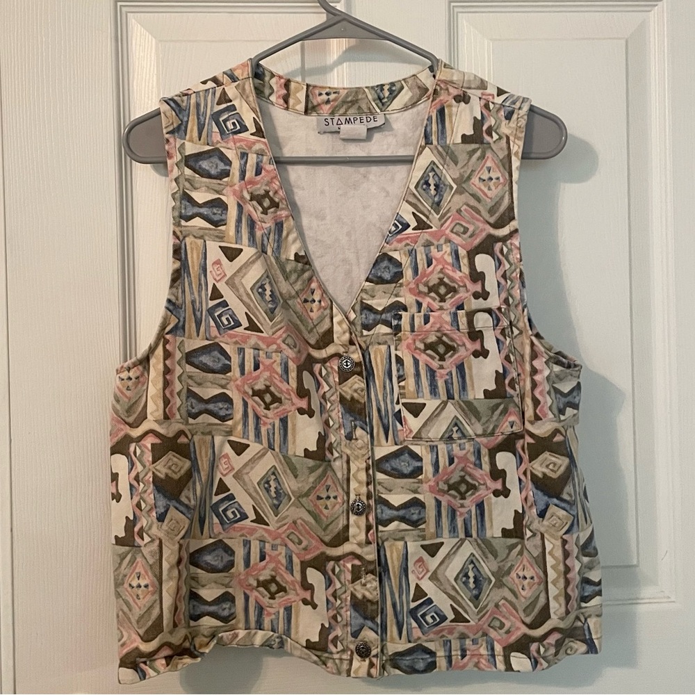 Vintage Stampede Vest Women Medium Pink Blue Aztec Diamond Southwest Cotton